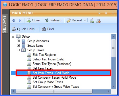 fmcg setup item taxes grid mode menu